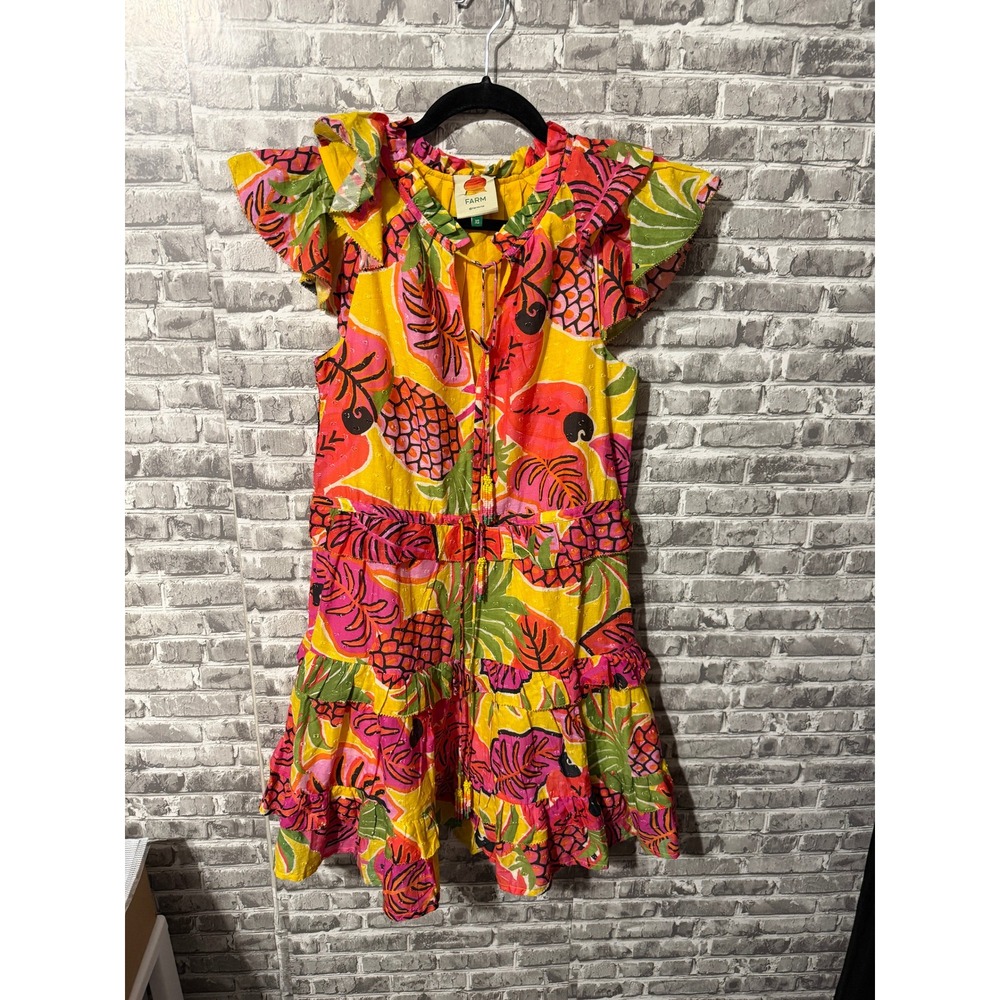 Farm Rio Tropical Toucan Pineapple Ruffle Mini Dress Yellow Pink XS